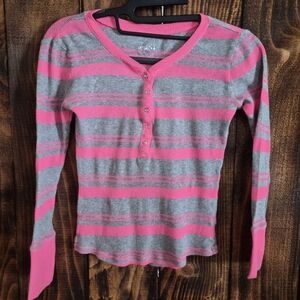 Justice Girls Pink Gray Stripe Ribbed Henley Long Sleeve Top Size 8 Y2K